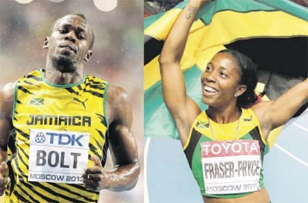 Usain Bolt left and Shelly Ann Fraser Pryse